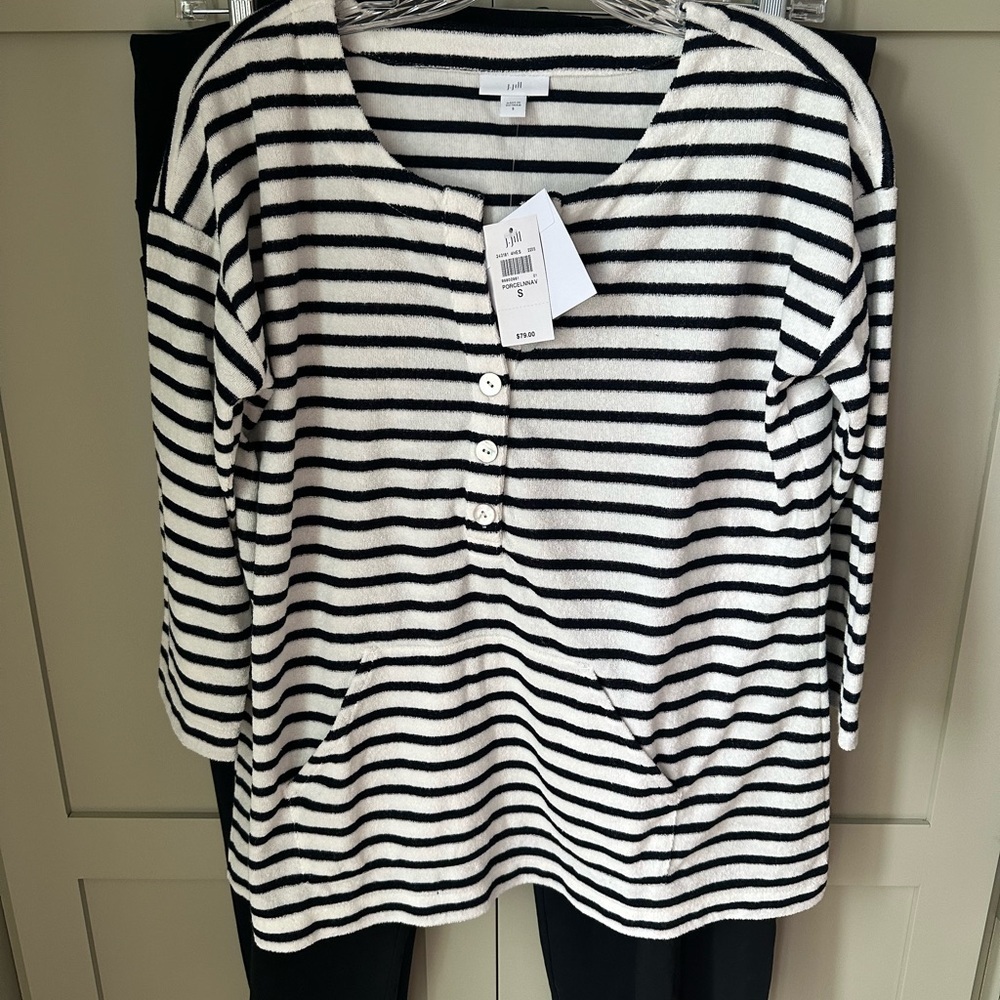 NWT J.Jill Navy/White Stripe Terry Pullover w Kangaroo Pocket SZ S - Super Cute!